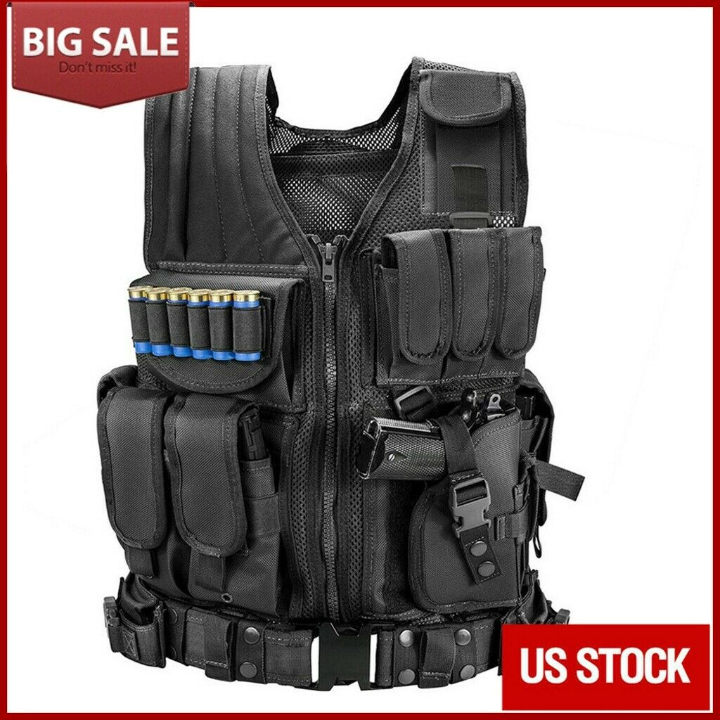 Adjustable Military Tactical Heavy Duty Vest w/ Plate Carrier Holster Black