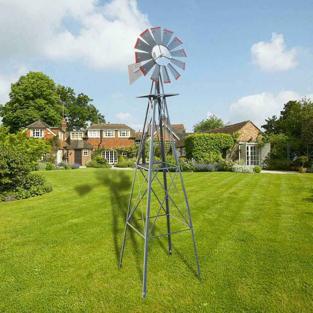 8ft Ornamental Decor Garden Windmill Weather Vane- Galvanized w/ Silver Red Tips